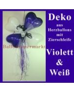 Herzluftballons-Dekoration mit Ringelband und Zierschleife, Violett-Weiß