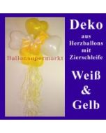 Herzluftballons-Dekoration mit Ringelband und Zierschleife, Weiß-Gelb