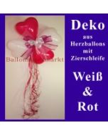 Herzluftballons-Dekoration mit Ringelband und Zierschleife, Weiß-Rot