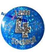 Jumbo Ansteckbutton, Tischaufsteller, I am 4 today, blau