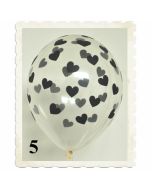 Luftballons 30 cm, Kristall, Transparent mit schwarzen Herzen, 5 Stück