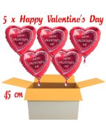 Valentinsgrüße im Karton, 5 x Happy Valentine's Day Herzluftballons mit Helium