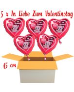 Valentinsgrüße im Karton, 5 x In Liebe zum Valentinstag Herzluftballons mit Helium