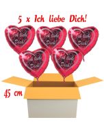 Valentinsgrüße im Karton, 5 x Ich liebe Dich Herzluftballons mit Helium