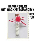 Reagenzglas mit Hochzeitsmandeln, 10 cm, Transparent mit Korken, verziert mit roter Rose aus Tüll
