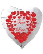 Herzluftballon in Weiß "True Love!" zum Valentinstag mit roten Herzen