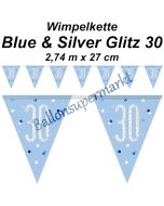 Wimpelkette Blue & Silver Glitz 30 zum 30. Geburtstag