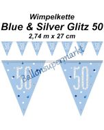 Wimpelkette Blue & Silver Glitz 50 zum 50. Geburtstag