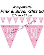 Wimpelkette Pink & Silver Glitz 50 zum 50. Geburtstag