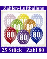 Luftballons mit der Zahl 80 zum 80. Geburtstag, 25 Stück, bunt gemischt, 30-33 cm