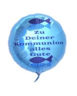 Zu Deiner Kommunion alles Gute, türkiser Luftballon aus Folie mit Helium