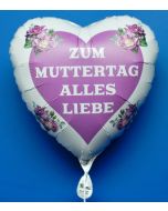 Zum-Muttertag-Alles-Liebe, weißer Herzluftballon aus-Folie mit Helium, verziert mit Herz und Blumen