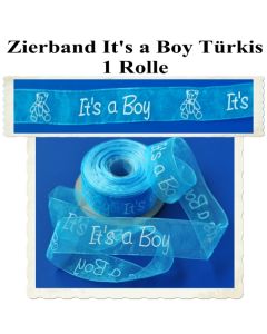 Deko-Zierband, Stoff-Schmuckband, It's a Boy, Türkis, Junge, Boy, 1 Rolle