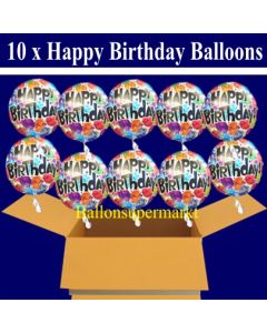 10 Geburtstags-Luftballons, Happy Birthday Balloons, Holografische Ballons mit Helium