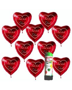 Helium Einweg-Set Valentinstag 10 Herzluftballons Ich liebe dich