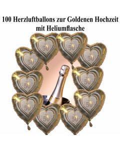 Ballons Helium Set Maxi Goldene Hochzeit. 100 goldene Herzluftballons mit Heliumflasche