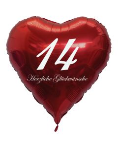 Zum 14. Geburtstag, roter Herzluftballon mit Helium