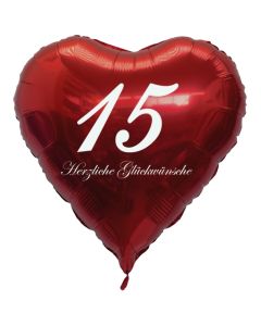 Zum 15. Geburtstag, roter Herzluftballon mit Helium