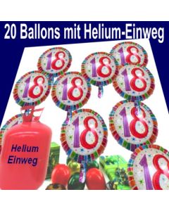 20 Heliumballons Zahl 18 zum 18. Geburtstag, Luftballons aus Folie mit dem Helium-Einwegbehälter