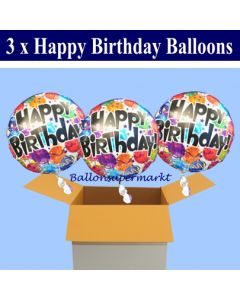 3 Geburtstags-Luftballons, Happy Birthday Balloons, Holografische Ballons mit Helium
