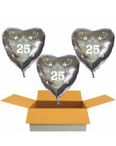3 Herzluftballons aus Folie in Silber, Tauben, Herzen und Schleifen, Zahl 25, zur Silbernen Hochzeit inklusive Helium Ballongas