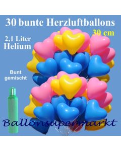 30 bunte Herzluftballons, Ballons-Helium-Set, 2,1 Liter Ballongas zur Hochzeit