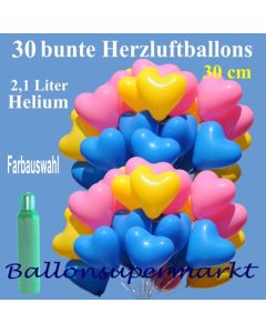 30 Herzluftballons mit Farbauswahl, Ballons Helium Set, 2,1 Liter Ballongas zur Hochzeit