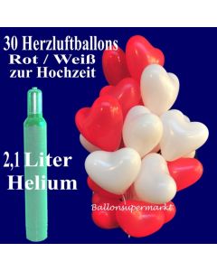 30 Herzluftballons rot und weiß zur Hochzeit steigen lassen, Ballons Helium Set