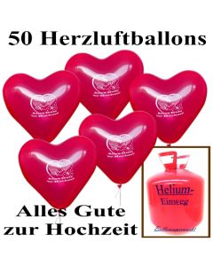 Ballons Helium Einweg Set, 50 Herzluftballons Alles Gute zur Hochzeit mit dem Helium Einwegbehälter