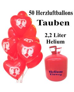 50 Herzluftballons Hochzeitstauben im Herz, 2,2 Liter Einweg-Helium, Ballons Helium Set Hochzeit