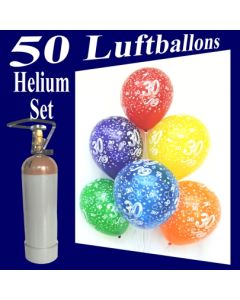 50 Zahlenluftballons Zahl 30, Geburtstag, Jubiläum, Ballons Helium Set mit Ballongasflasche