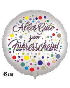 Alles Gute zum Führerschein! Satinweißer Luftballon, 45 cm, inklusive Helium