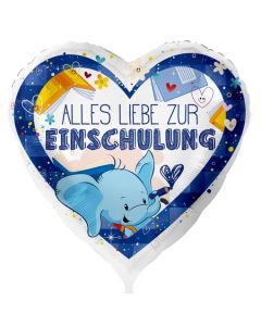 Alles Liebe zur Einschulung. Weißer Luftballon ohne Ballongas, Blau,  Helium gefüllt zum Schulanfang