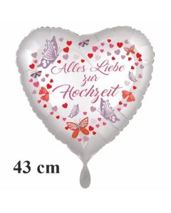 Alles Liebe zur Hochzeit, Herzluftballon mit Blumen und Schmetterlingen, ohne Helium