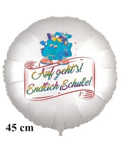 Auf geht's! Endlich Schule! Runder Luftballon, satinweiß, 45 cm