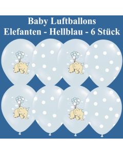 Baby Luftballons, Elefanten mit Luftballontraube, Punkten und Wölkchen, Hellblau, 6 Stück