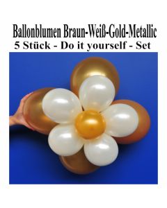 Blumen aus Luftballons, Ballonblumen-Set, Braun-Weiß-Gold-Metallic, 5 Stück