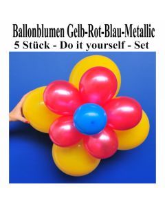 Blumen aus Luftballons, Ballonblumen-Set, Gelb-Rot-Blau-Metallic, 5 Stück