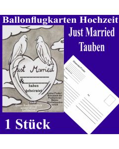 Ballonflugkarte Hochzeit Just Married, Hochzeitstauben, Postkarte zum Abhängen an Luftballons, 1 Stück