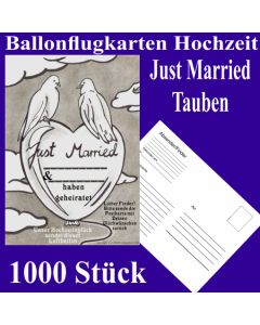 Ballonflugkarten Hochzeit Just Married, Hochzeitstauben, Postkarten zum Abhängen an Luftballons, 1000 Stück