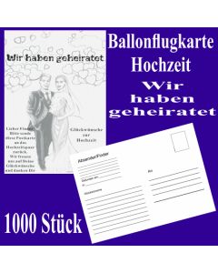 Ballonflugkarten Hochzeit, Wir haben geheiratet, Postkarten zum Abhängen an Luftballons, 1000 Stück