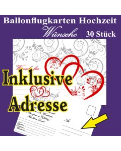 Ballonflugkarten Hochzeit - Wünsche für das Hochzeitspaar - 30 Stück - Inklusive Druck der Adresse