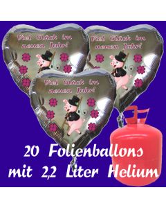 Silvester Helium Einweg Set, 20 Luftballons aus Folie, Herzen, Viel Glück im neuen Jahr, Silvester