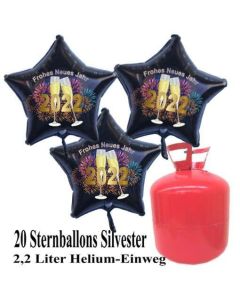 Silvester Helium Einweg Set, 20 schwarze Luftballons aus Folie, Sterne, 2022, Silvester, Frohes Neues Jahr