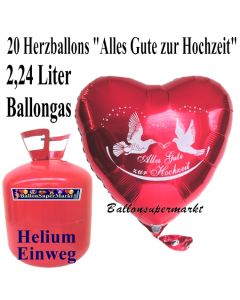 Ballons Helium Einweg Set Hochzeit, 20 Herzluftballons "Alles Gute zur Hochzeit" mit 2,24 Liter Einweg Ballongas-Helium