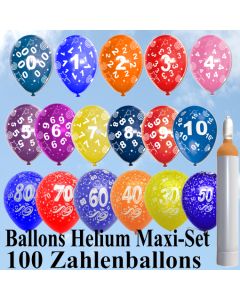 Ballons Helium Maxi-Set, 100 Luftballons mit Zahlen, 10 Liter Ballongas und Zubehör