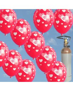 Wahre Liebe, Ballons Helium Set, 50 rote Rund-Luftballons I Love You mit Helium-Mehrweg