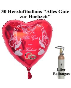 Ballons Helium Midi Set, 30 rote Herzluftballons "Alles Gute zur Hochzeit" 3 Liter Ballongas in der Mehrwegflasche
