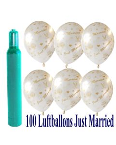 Ballons-Helium-Set-100-Luftballons-Just-Married-und-10-Liter-Helium-Ballongasflasche-zur-Hochzeit