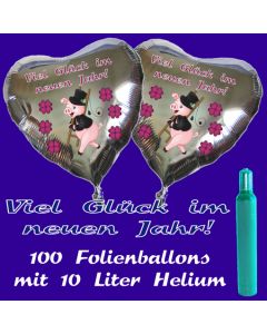 Ballons und Helium Set Silvester, 100 silberne Herzballons: Viel Glück im neuen Jahr!